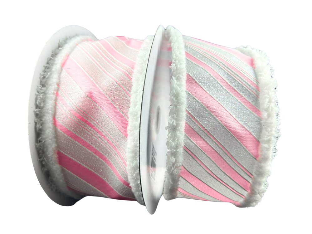 2.5" Diagonal Stripe with Snow Edge Ribbon: Pink/White Iridescent - 10yds - 71421 - 40 - 03 - The Wreath Shop