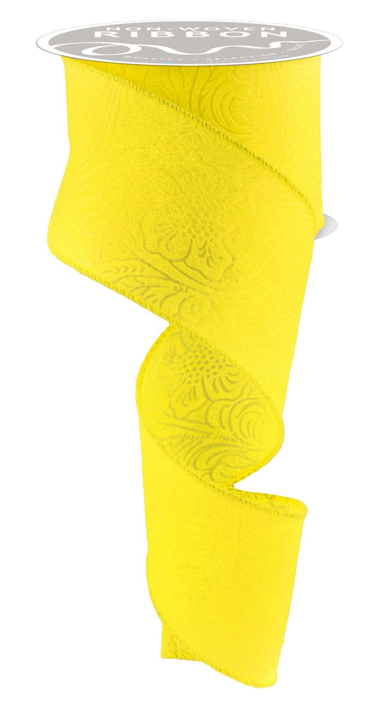 2.5" Embossed Flower/Leaves Ribbon: Yellow - 10yds - NR100229 - The Wreath Shop