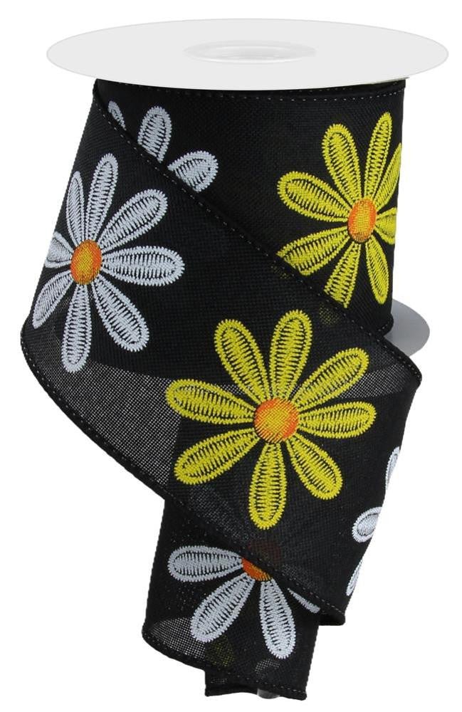 2.5" Embroidered Look Daisy Print Ribbon: Black - 10yds - RGE118202 - The Wreath Shop