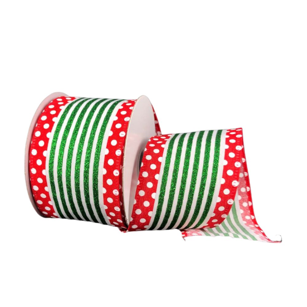 2.5" Emerald Green/White Glitter Stripe Red Dot Edge Ribbon - 10yds - 75240-40-17 - The Wreath Shop