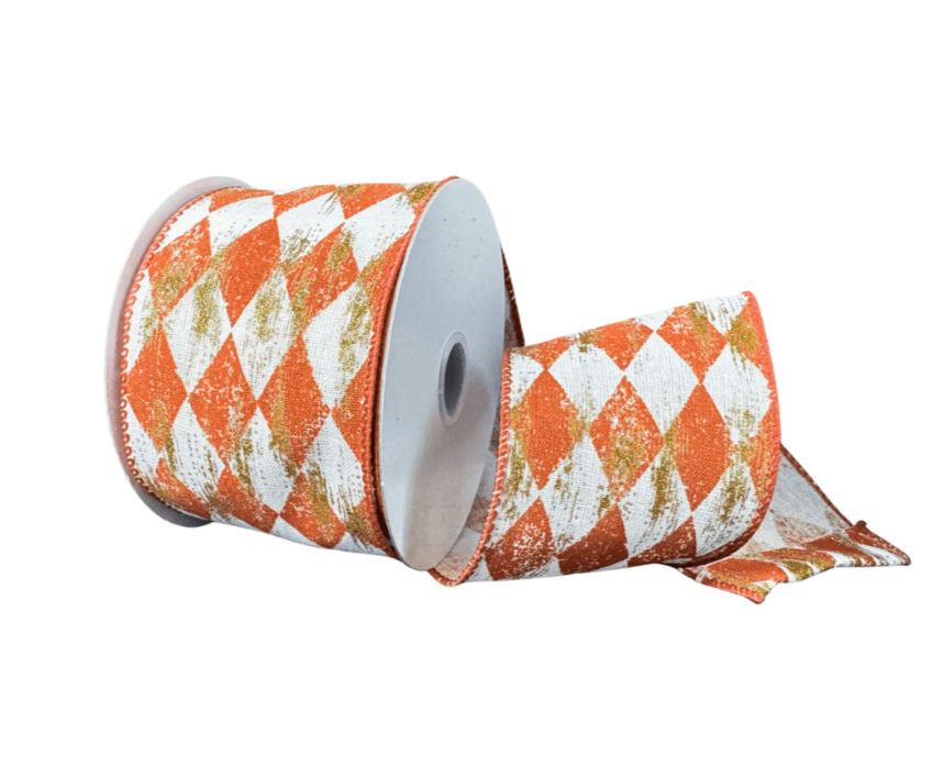 2.5" Faded Harlequin Ribbon with Metallic Gold: Cream/Rust - 10yds - 61508 - 40 - 31 - The Wreath Shop