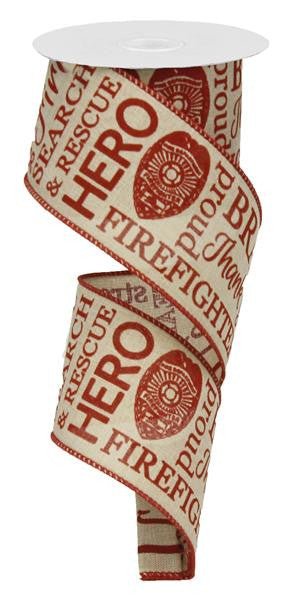 2.5" Firefighter Ribbon: Light Canvas/Red - 10yds - RG01594 - The Wreath Shop