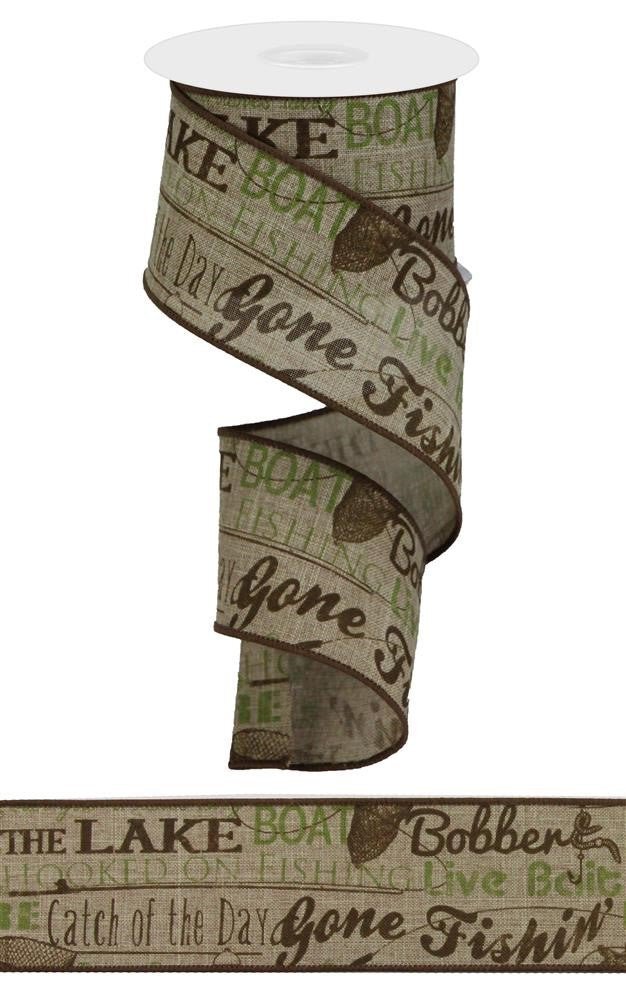 2.5" Fish Words Ribbon on Beige - 10yds - RG1408 - The Wreath Shop