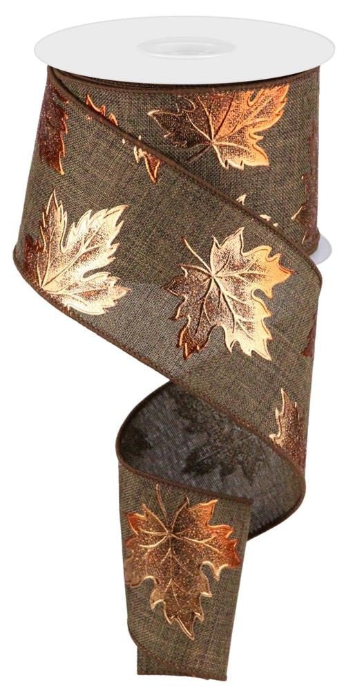 2.5" Foil Maple Leaf on Brown Ribbon - 10yds - RGC183404 - The Wreath Shop