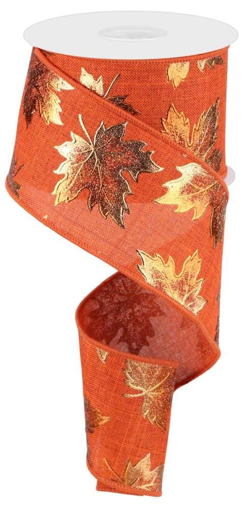 2.5" Foil Maple Leaf on Rust Ribbon - 10yds - RGC183474 - The Wreath Shop