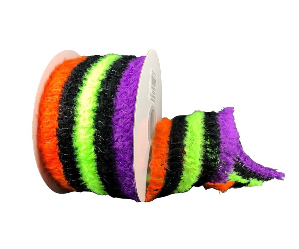 2.5" Fuzzy Stripe Ribbon: Orange/Black/Lime/Purple - 10yds - 57204-40-01 - The Wreath Shop