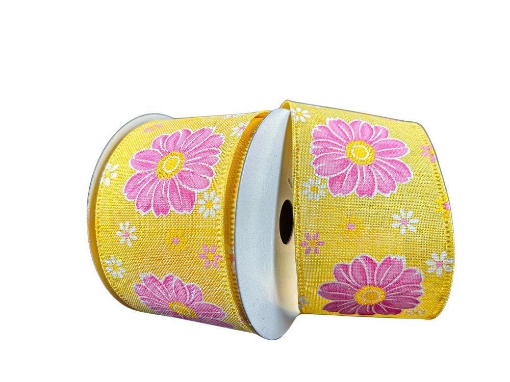 2.5" Giant Daisy Print Ribbon: Yellow/Pink - 10yds - 46412-40-22 - The Wreath Shop