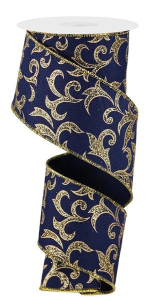 2.5" Glitter Acanthus Leaf Ribbon: Navy Blue/Gold - RGE184319 - The Wreath Shop