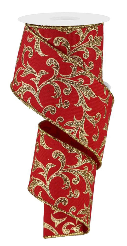 2.5" Glitter Acanthus Leaf Ribbon: Red/Gold - RGE184324 - The Wreath Shop