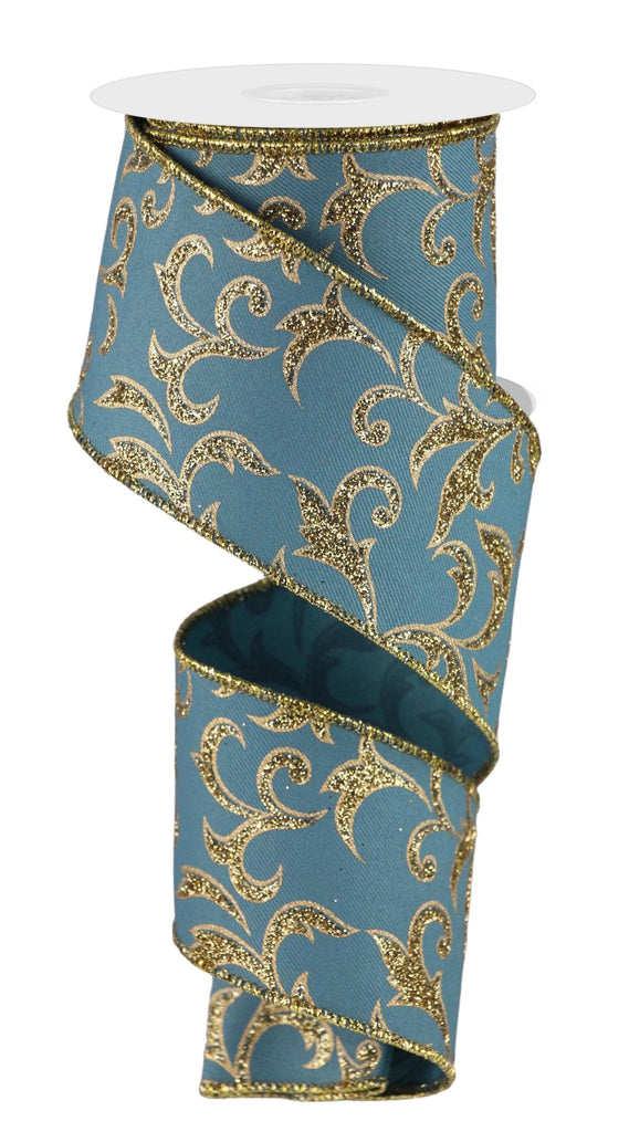 2.5" Glitter Acanthus Leaf Ribbon: Smoke Blue/Gold - RGE1843RA - The Wreath Shop