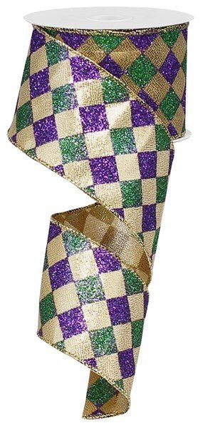 2.5" Glitter Diamond Ribbon: Purple/Green/Gold - 10Yds - RG1930WY - The Wreath Shop