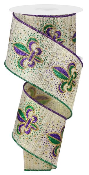 2.5" Glitter Fleur de Lis Metallic Ribbon: Lt Gold - 10yds - RGE170208 - The Wreath Shop