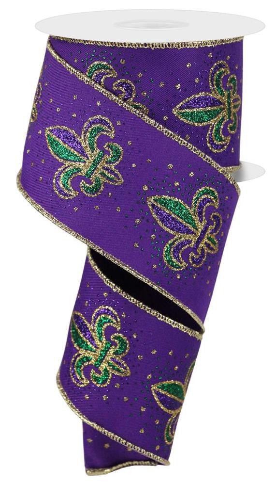 2.5" Glitter Fleur de Lis Ribbon: Purple - 10yds - RGE170123 - The Wreath Shop