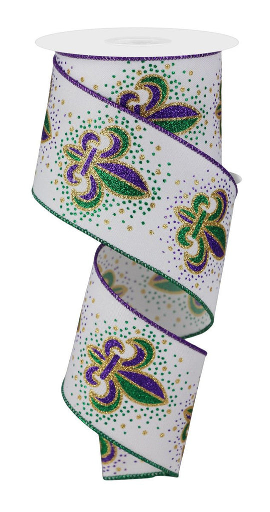 2.5" Glitter Fleur de Lis Ribbon: White - 10yds - RGE170127 - The Wreath Shop