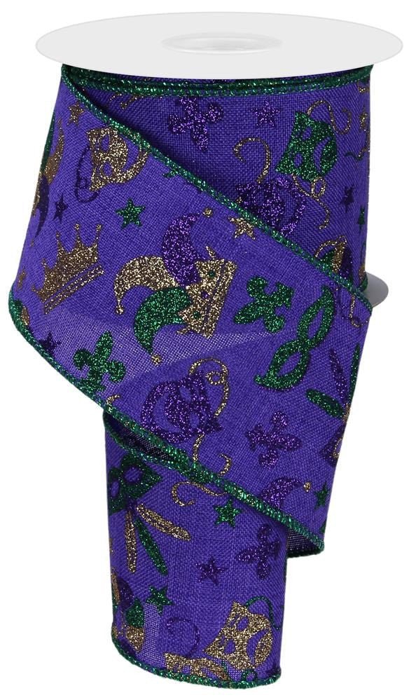 2.5" Glitter Mardi Gras Print Ribbon on Purple - 10yds - RGE124423 - The Wreath Shop