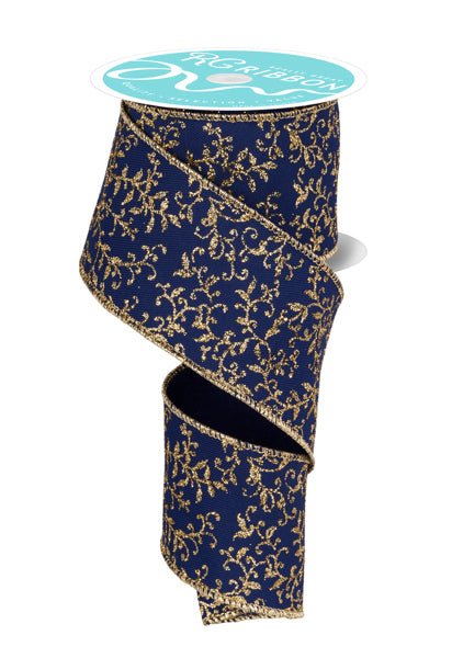 2.5" Glitter Mini Leaf Vines Ribbon: Navy/Gold - RGF1313WA - The Wreath Shop