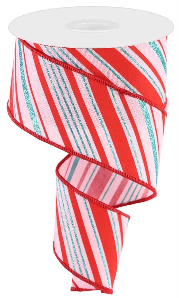 2.5" Glitter Peppermint Stripe Ribbon: Pink/Ice Blue/Red - RGC161115 - The Wreath Shop