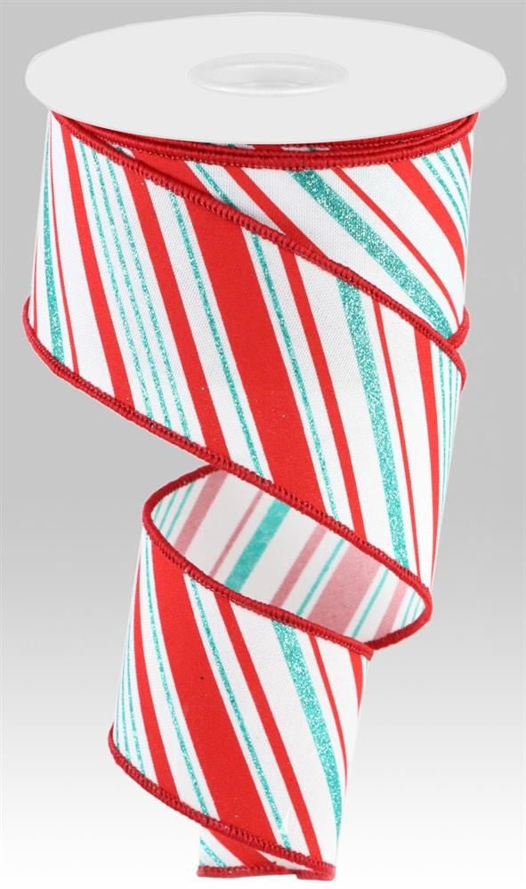 2.5" Glitter Peppermint Stripe Ribbon: Wht/Ice Blue/Red - RGC161127 - The Wreath Shop