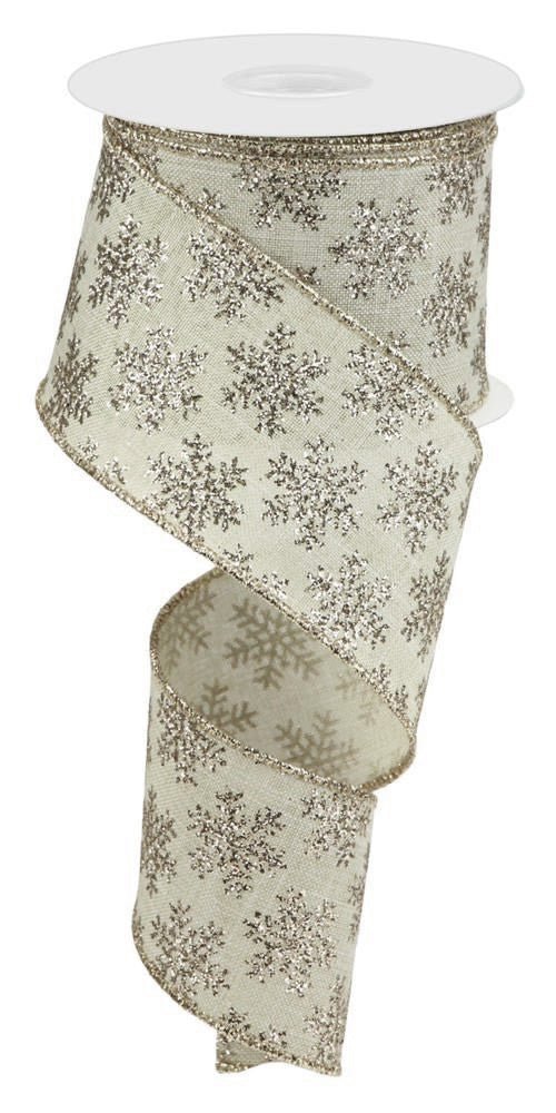 2.5" Glitter Snowflake Ribbon: Buff/Champagne - RX44272W - The Wreath Shop