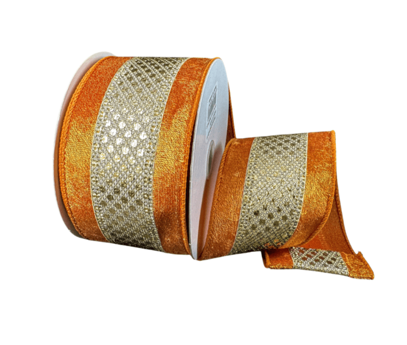 2.5" Gold Metallic Mesh/Rust Velvet Edge Ribbon - 10yds - 65527 - 40 - 15 - The Wreath Shop