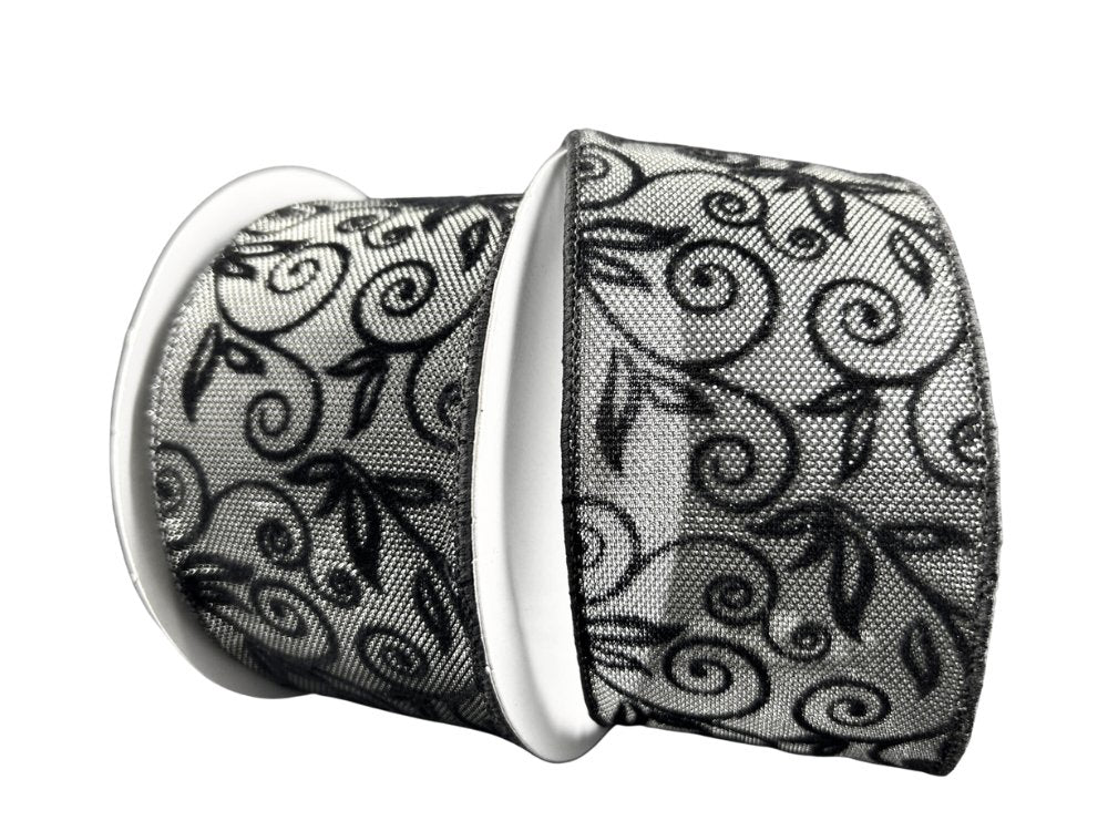 2.5" Grey Metallic Honeycomb W/ Black Swirls Ribbon - 10Yds - 78472 - 40 - 21 - The Wreath Shop