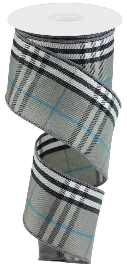 2.5" Grey/Blk/Wht/Blue Plaid - 10yds - RN5809 - The Wreath Shop