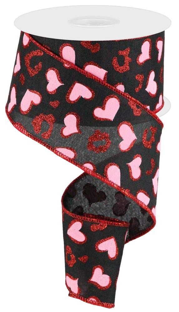 2.5" Hearts/Leopard Spots Ribbon - Black/Pink/Red - RGC1895WJ - The Wreath Shop