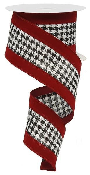 2.5" Houndstooth Ribbon w/ Velvet Crimson Borders - 10yds - RG8619 - The Wreath Shop