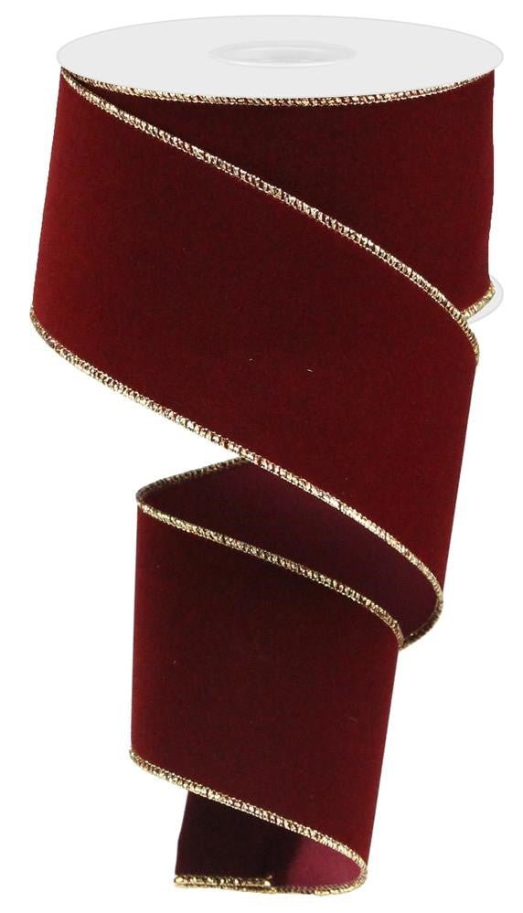 2.5" Indoor Velvet Ribbon: Cranberry/Gold - 10yds - RL1946Y6 - The Wreath Shop