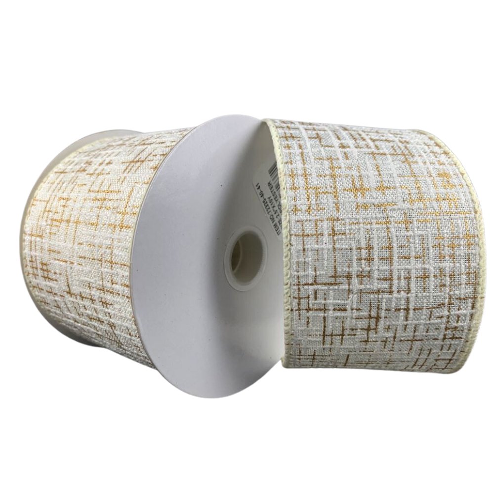 2.5" Ivory/White/Gold Glitter Tweed Pattern Ribbon - 10yds - 72325-40-41 - The Wreath Shop