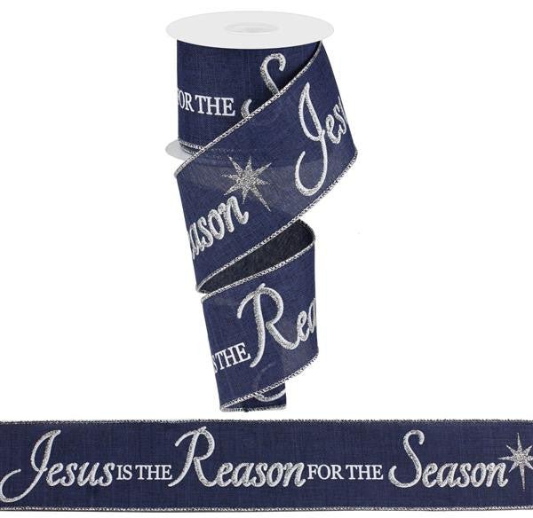 2.5" Jesus Is Reason for Season Ribbon: Navy/Silver - 10yds - RG01774T1 - The Wreath Shop