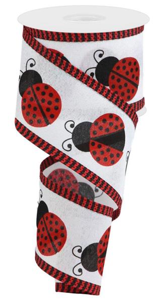 2.5" Large Ladybug Ribbon w/Striped Edge: Wht/Red/Black - RG08822MA - The Wreath Shop