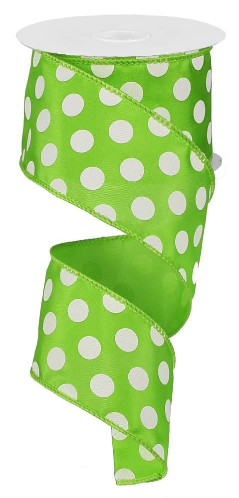 2.5" Lime Green/White Polka Dot Satin Ribbon Wired - 10yds - RG158833 - The Wreath Shop