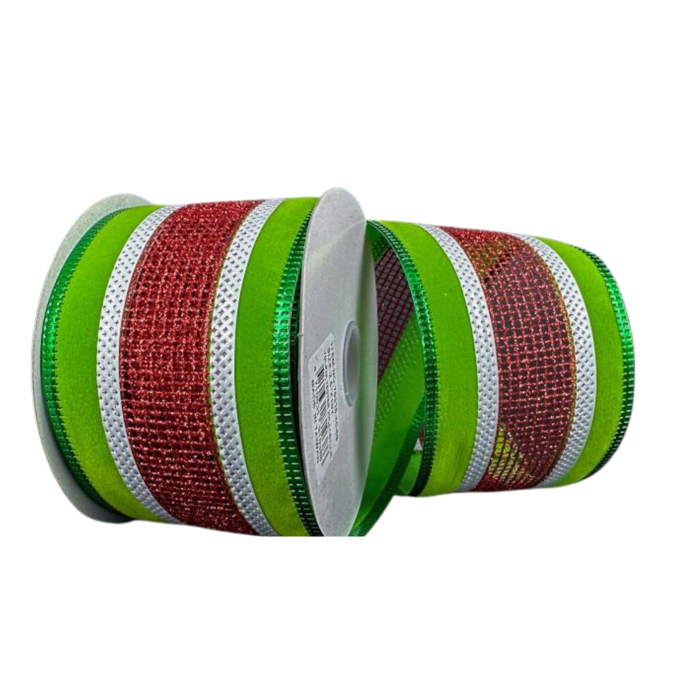 2.5" Lime Velvet/Red Glitter Net Center Ribbon - 10yds - 76315-40-09 - The Wreath Shop