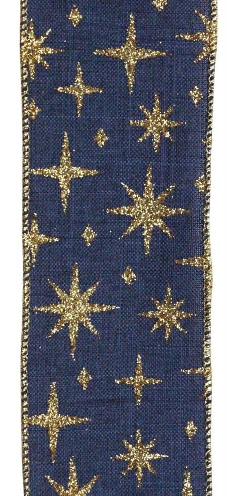 2.5" Linen Retro Star Ribbon: Navy Blue/Gold - RGB1128WA - The Wreath Shop