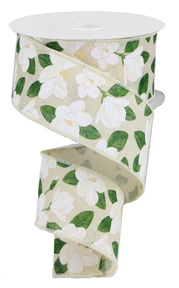 2.5" Magnolia Print Ribbon: Cream (10 Yds) - RGA132064 - The Wreath Shop