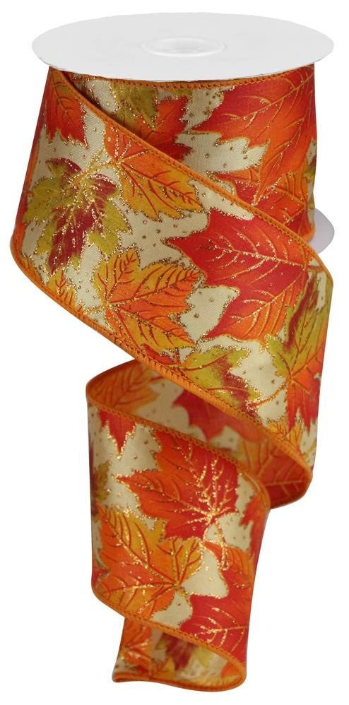 2.5" Maple Leaves Glitter Satin Ribbon - 10yds - RGC1057 - The Wreath Shop