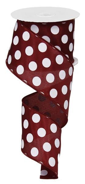 2.5" Maroon and White Polka Dot Satin Ribbon Wired - 10Yds - RG01204CX - The Wreath Shop