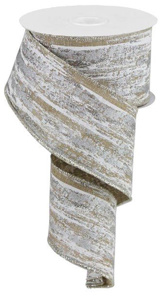 2.5" Metallic Streak Ribbon: Beige/Wht/Silver - 10yds - RGA19181C - The Wreath Shop