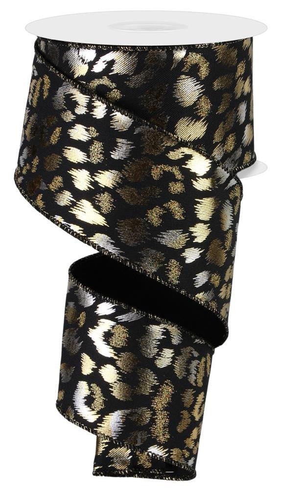 2.5" Metallic/Glitter Leopard Print Ribbon: Blk/Silv/Gold - 10yds - RGE118902 - The Wreath Shop