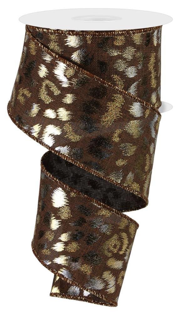 2.5" Metallic/Glitter Leopard Print Ribbon: Brown/Silv/Gold - 10yds - RGE118904 - The Wreath Shop