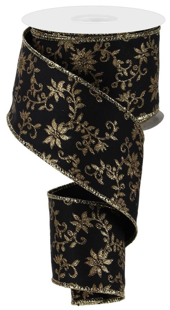 2.5" Mini Poinsettia Swirl Ribbon: Black/Gold - 10yds - RGE110202 - The Wreath Shop