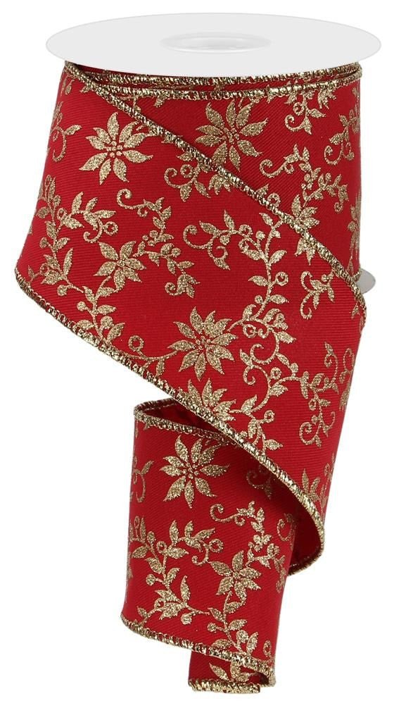 2.5" Mini Poinsettia Swirl Ribbon: Red/Gold - 10yds - RGE110224 - The Wreath Shop