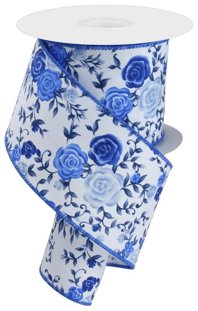 2.5" Mini Roses Ribbon: White/Blue - 10yds - RGE1180RW - The Wreath Shop