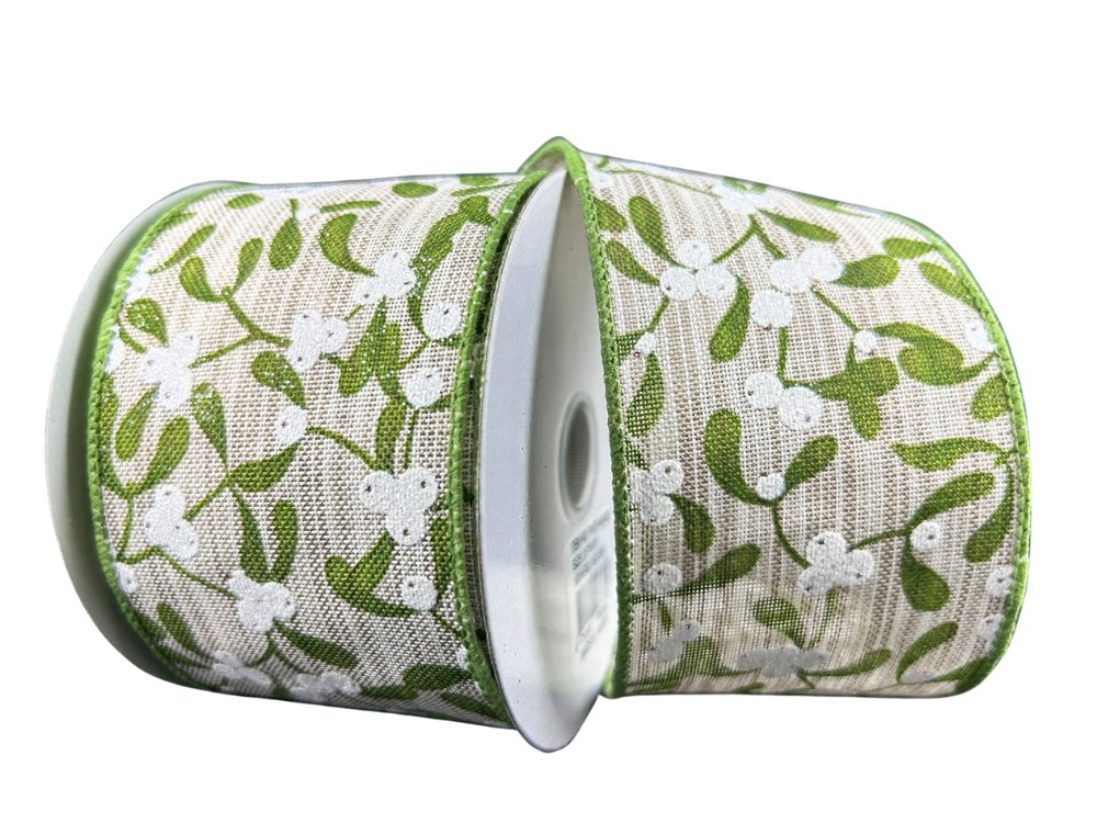 2.5" Mistletoe Leaves and Berries Ribbon: Natural/White/Green - 10yds - 71477 - 40 - 08 - The Wreath Shop