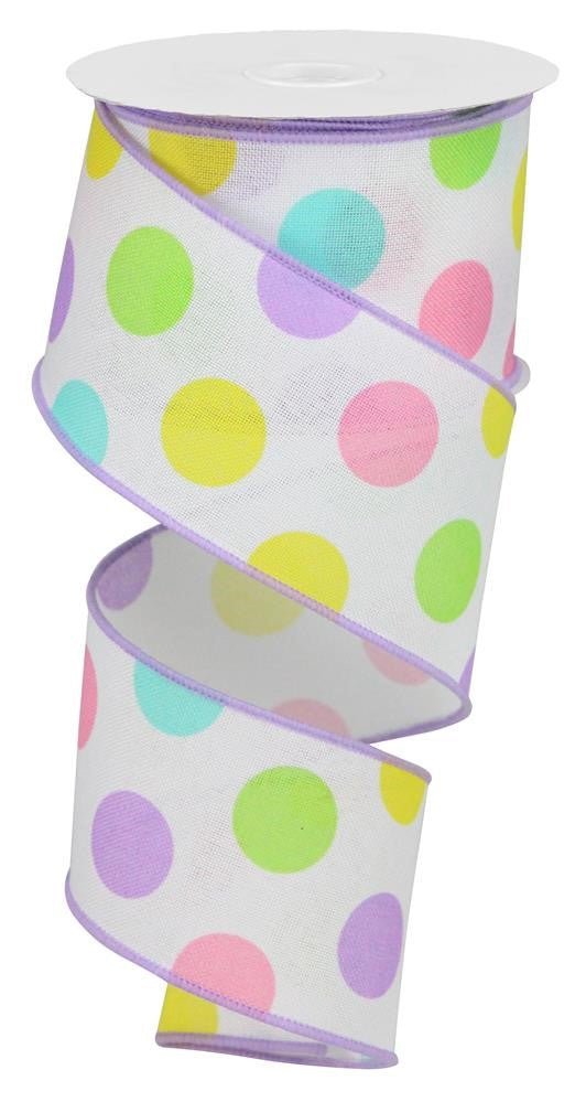 2.5" Multicolor Polka Dot Linen Ribbon: Wht/Pastel - 10yds - RGA166313 - The Wreath Shop