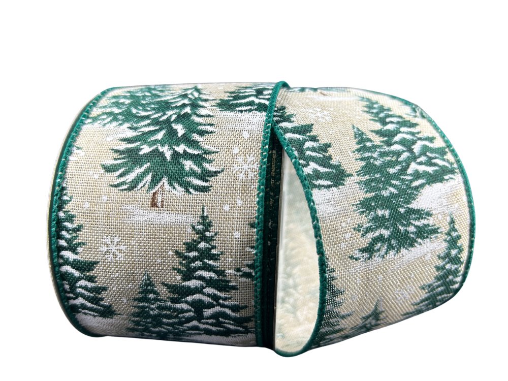 2.5" Natural Ribbon w/ Snowy Pine Trees - 10Yds - 71485 - 40 - 15 - The Wreath Shop