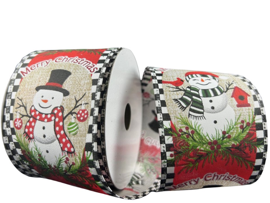 2.5" Natural Snowman Ribbon with B/W Check Border - 10yds - 76415 - 40 - 01 - The Wreath Shop