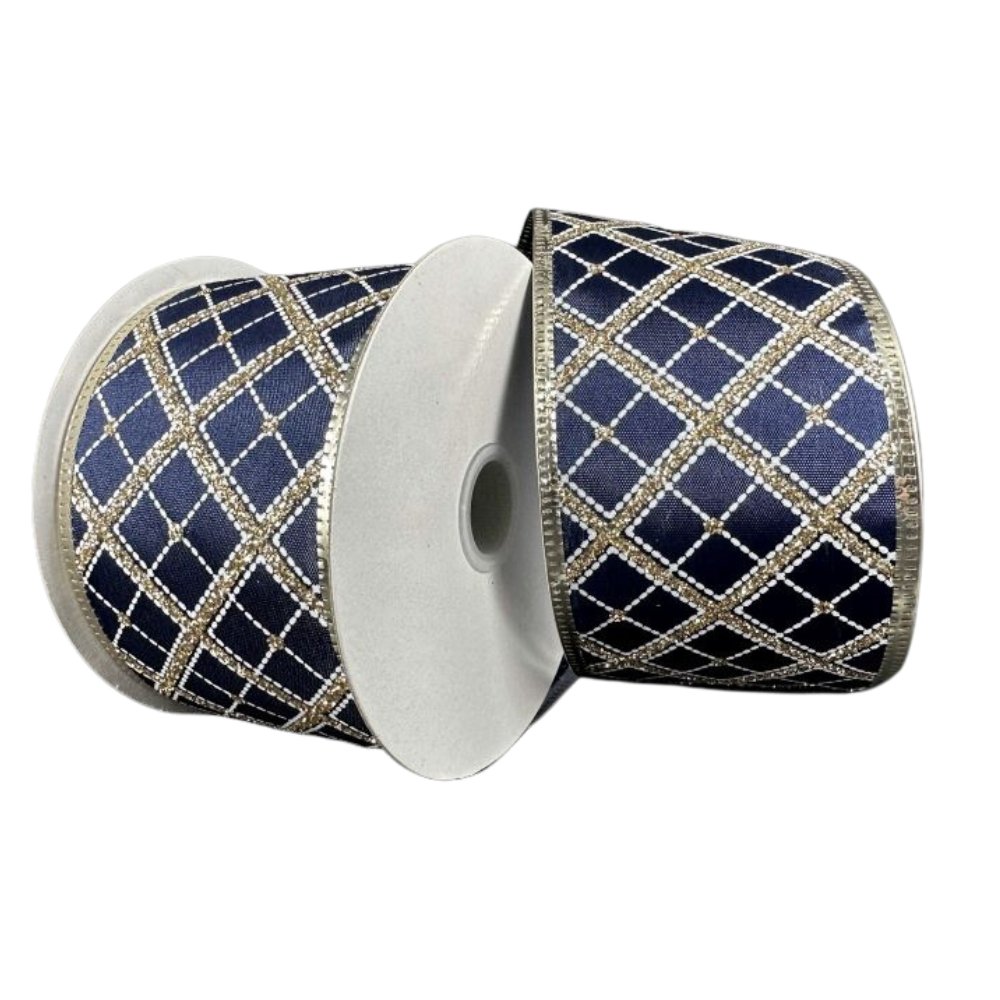 2.5" Navy/White/Glitter Gold Cross Plaid Ribbon - 76341-40-14 - The Wreath Shop