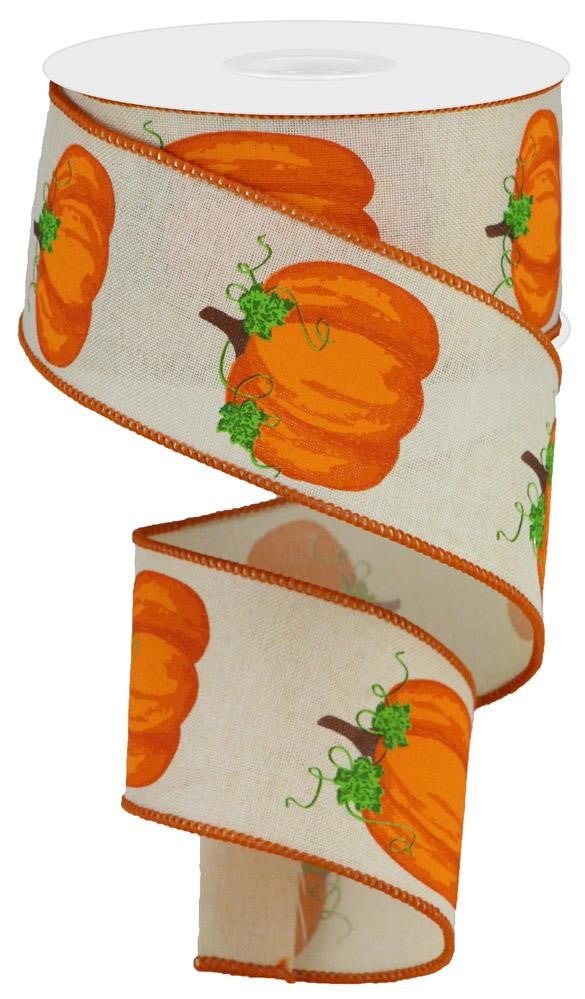 2.5" Orange Pumpkin w/ Leaves Ribbon: Cream - 10yds - RGA147164 - The Wreath Shop